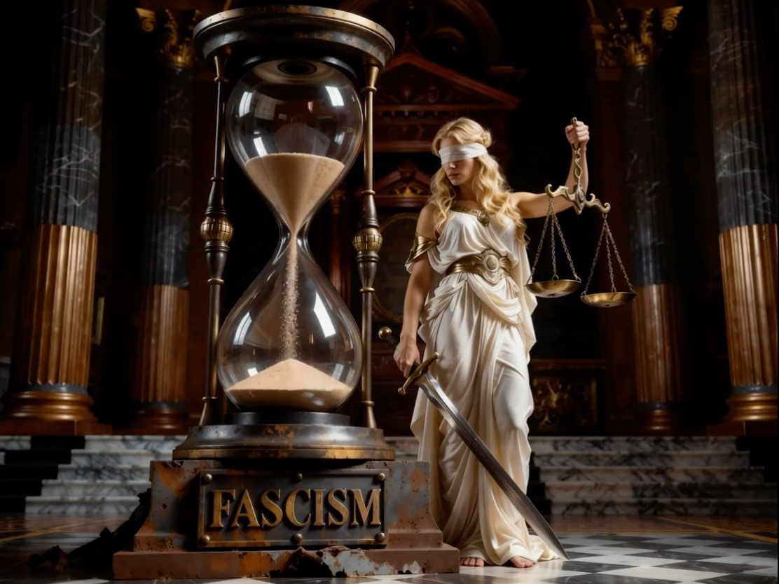 Blindfolded Lady Justice holding scales and sword stands beside a large hourglass engraved with "...