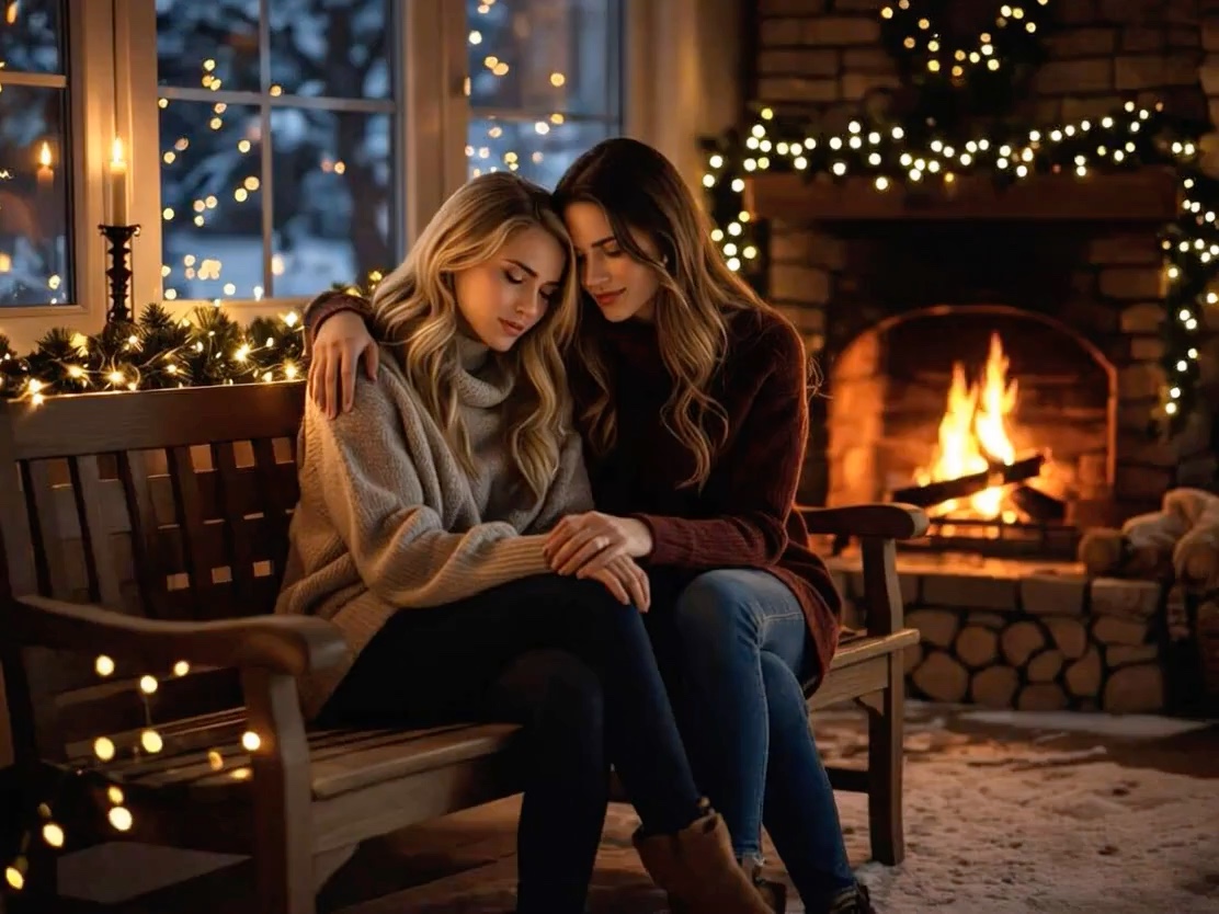 Two affectionate women sit embracing on a wooden bench beside a lit festive holiday fireplace in ...
