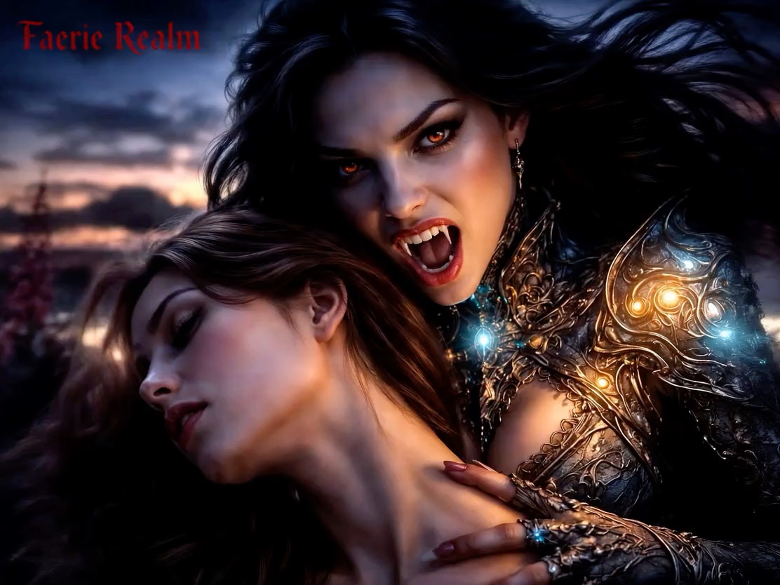 Ornate armored female vampire baring fangs holds an unconscious woman against a twilight Faerie R...