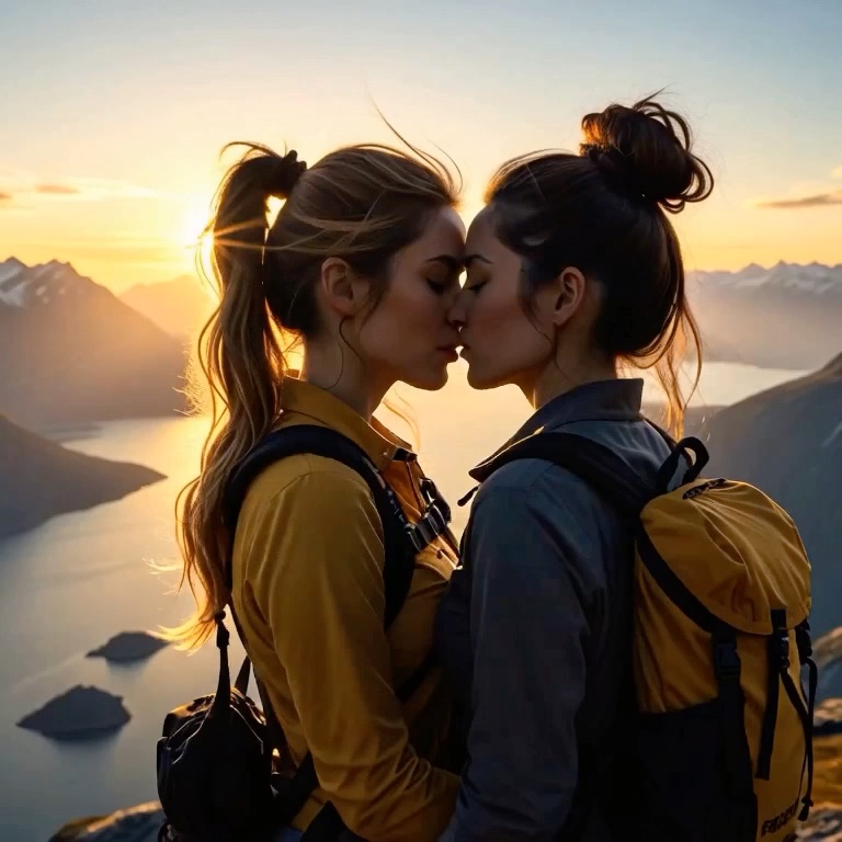 Queer hiker couple sharing a tender kiss on a mountain overlook at golden sunset above an alpine ...