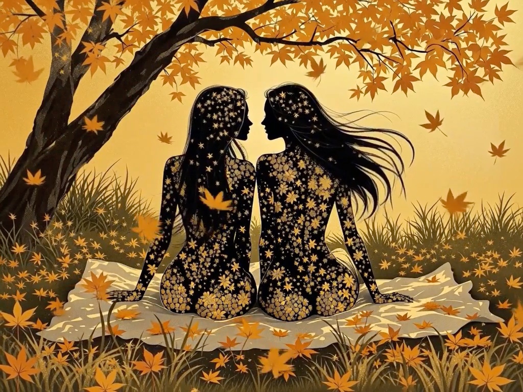 Two patterned silhouette women sit facing each other on a blanket under a golden autumn maple tree