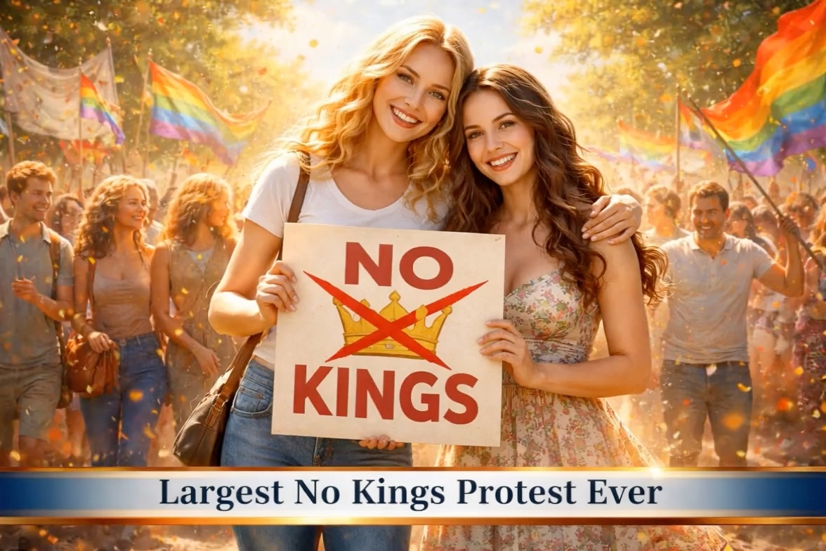 Two smiling women hold a No Kings sign at a sunny outdoor protest with rainbow pride flags
