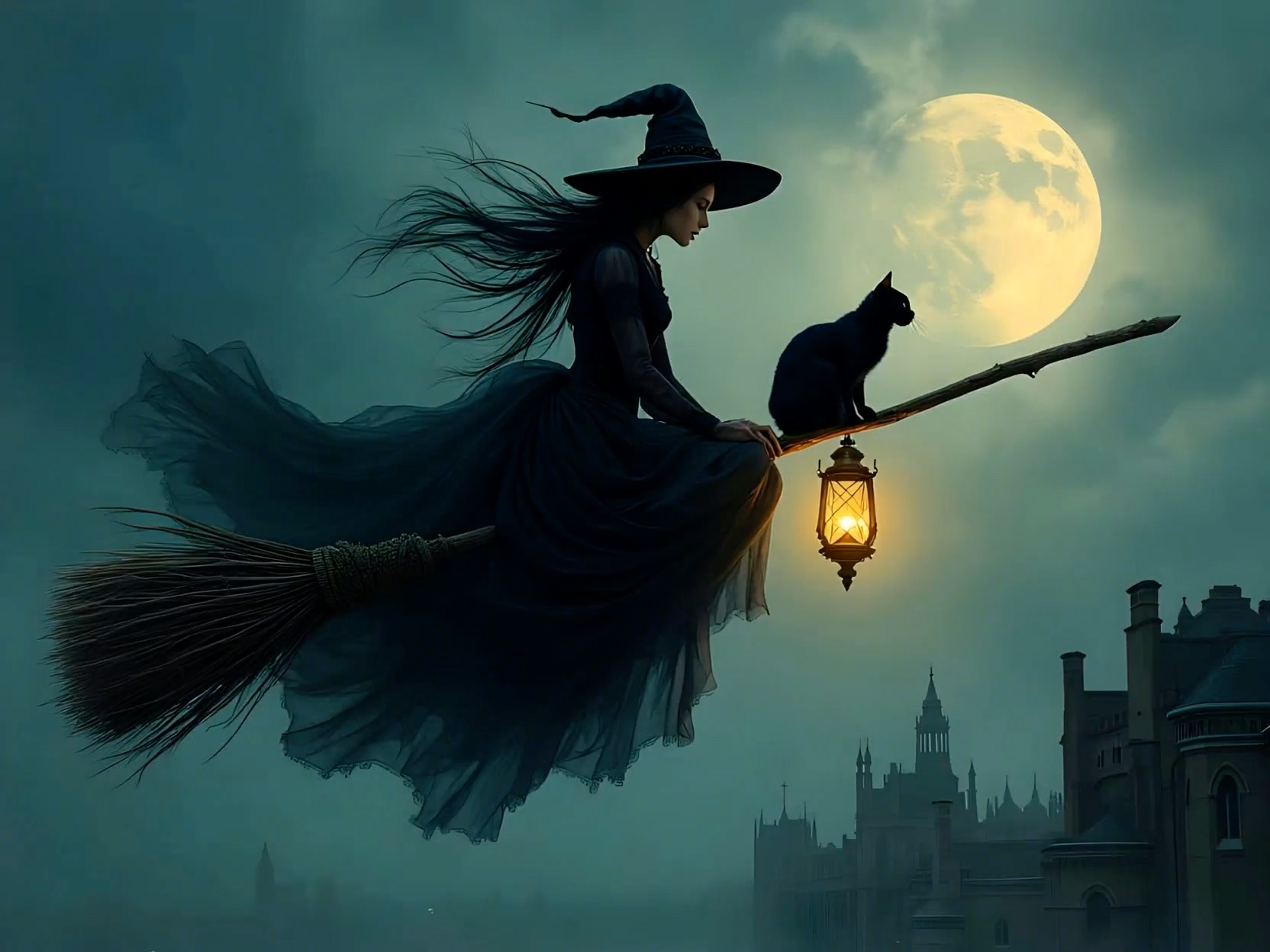 Witch flying on a broomstick with her black cat and lit lantern beneath a glowing full moon