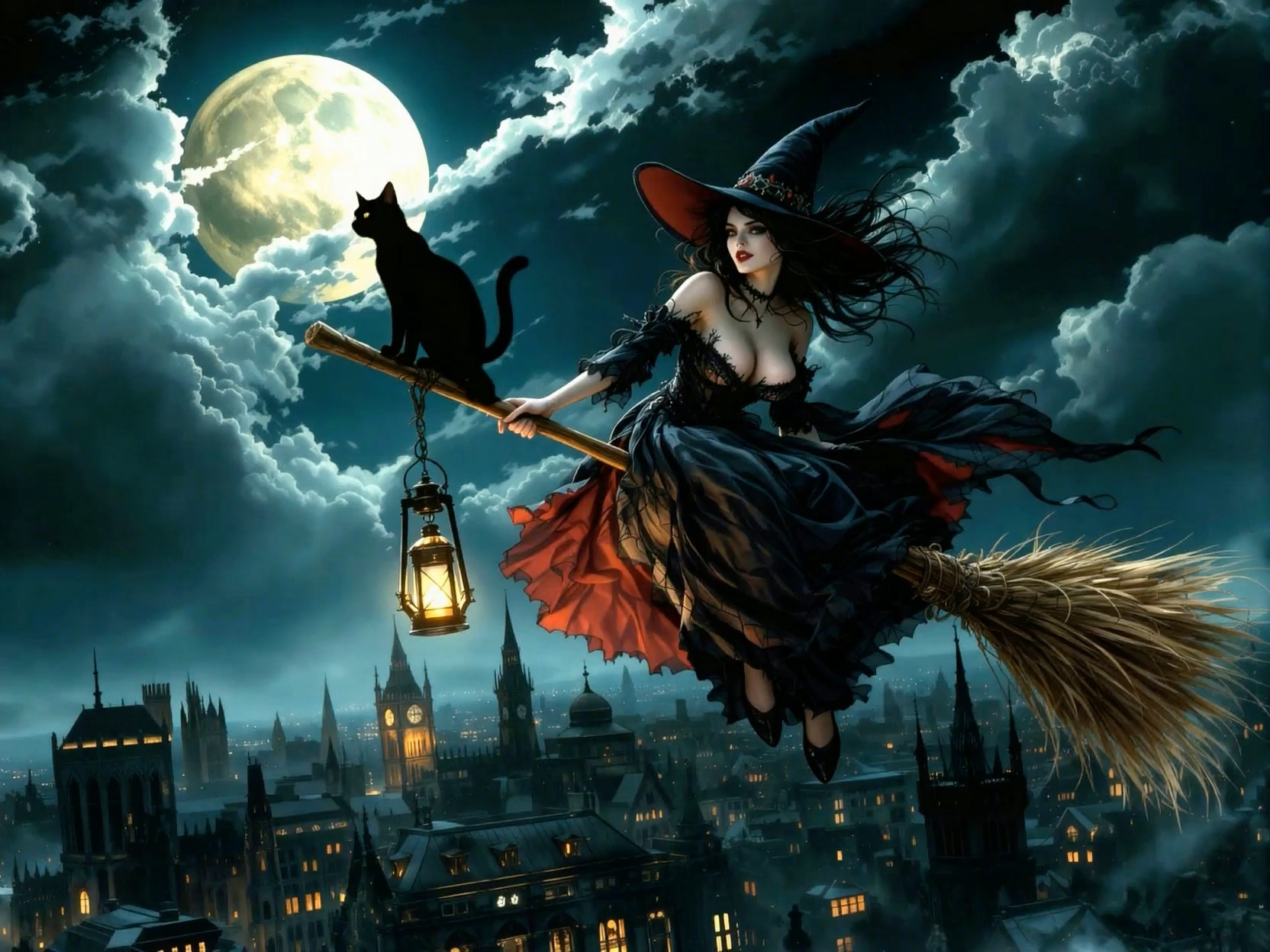 Witch riding a broomstick with her black cat, flying over a gothic city under a bright full moon