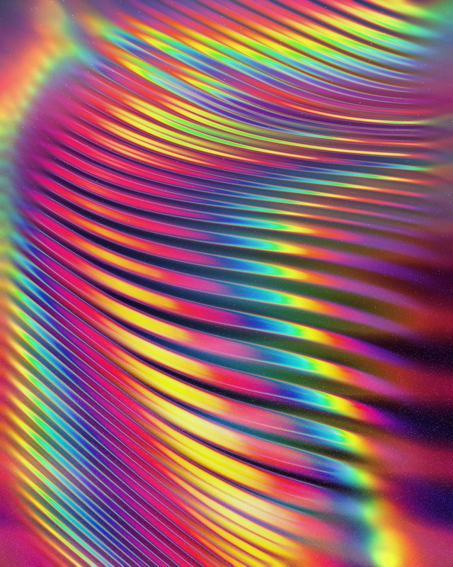 Abstract rainbow light waves with curved, glassy ridges in vibrant colors.