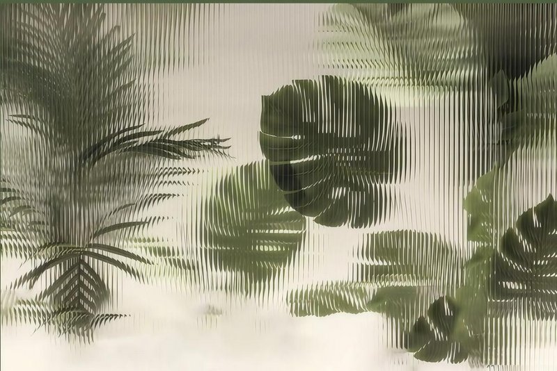 Overhead view of green tropical leaves pressed against ribbed glass, creating a textured botanica...