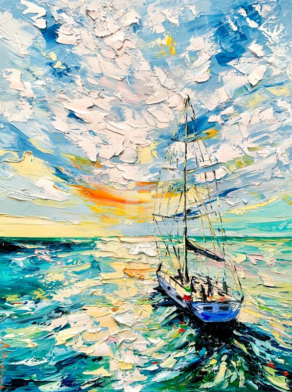 Impressionist oil painting of a sailboat on turquoise sea at sunset with thick textured brushstro...