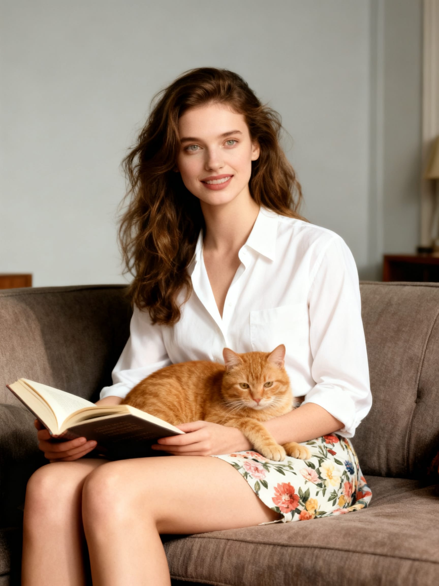 Young smiling woman sits on a brown couch holding an open book, with an orange tabby cat resting comfortably on her lap.