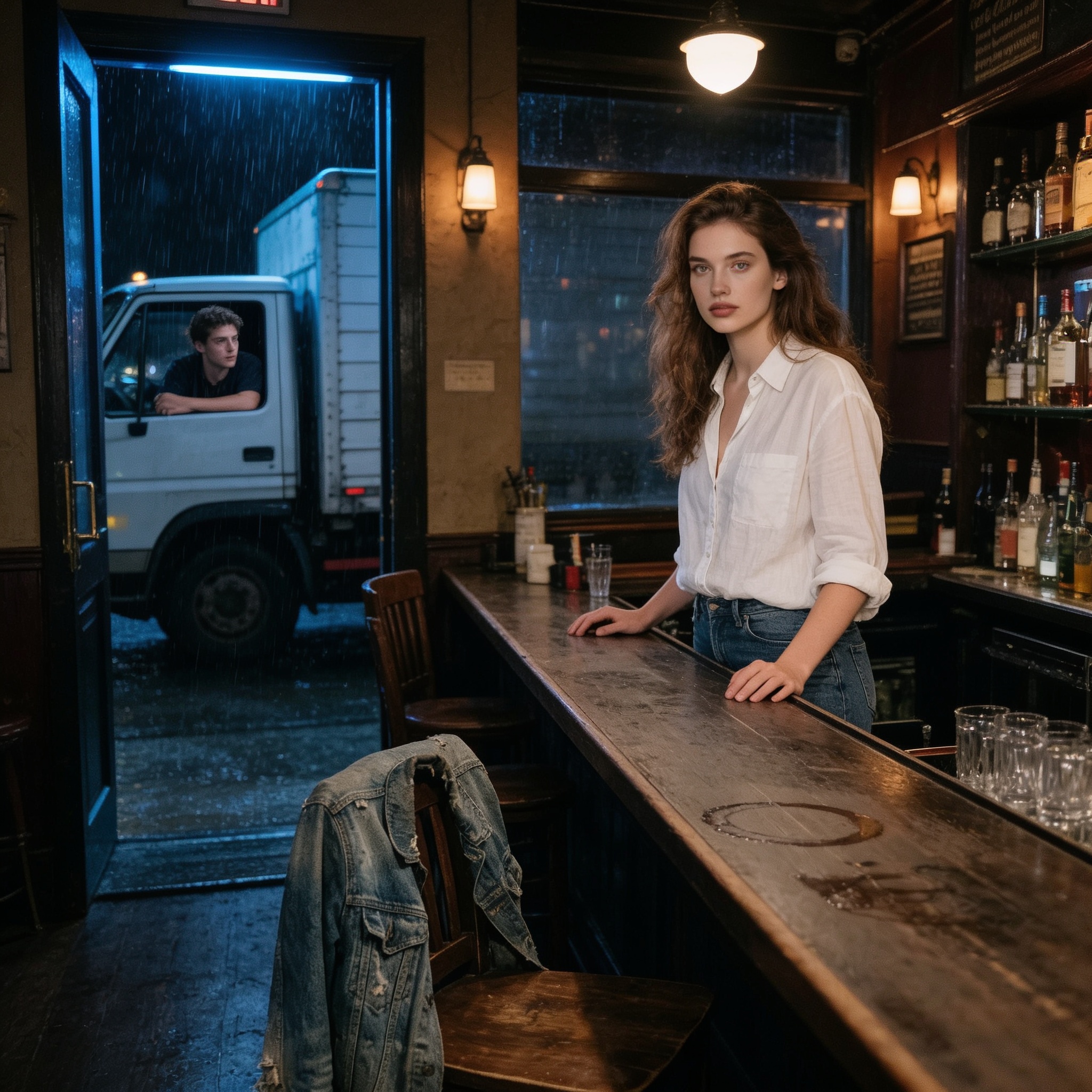 Young woman standing at worn wooden pub bar, delivery driver looking in from truck outside on rainy evening.