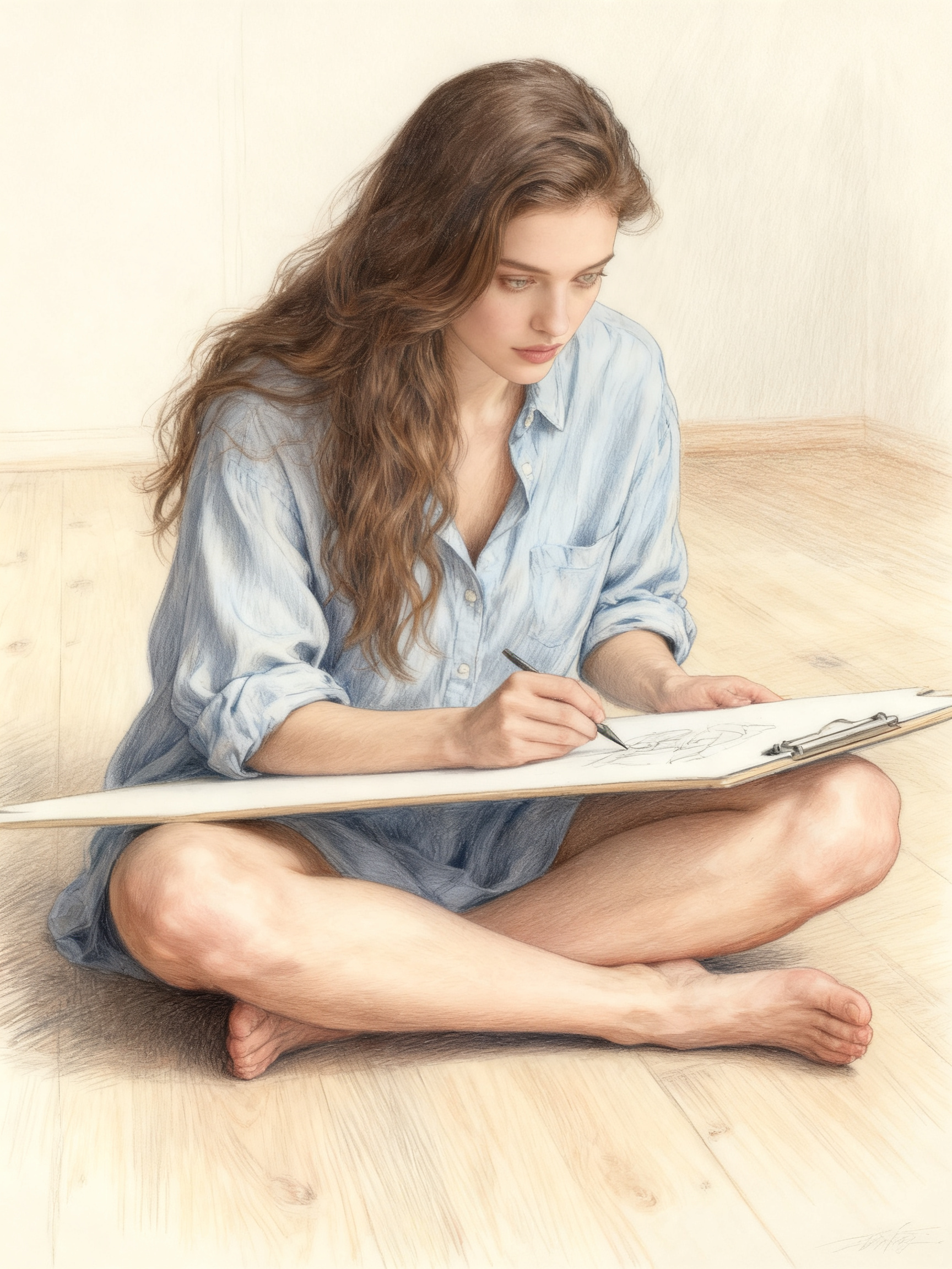 Young woman sitting cross-legged on a wooden floor sketching intently on a clipboard