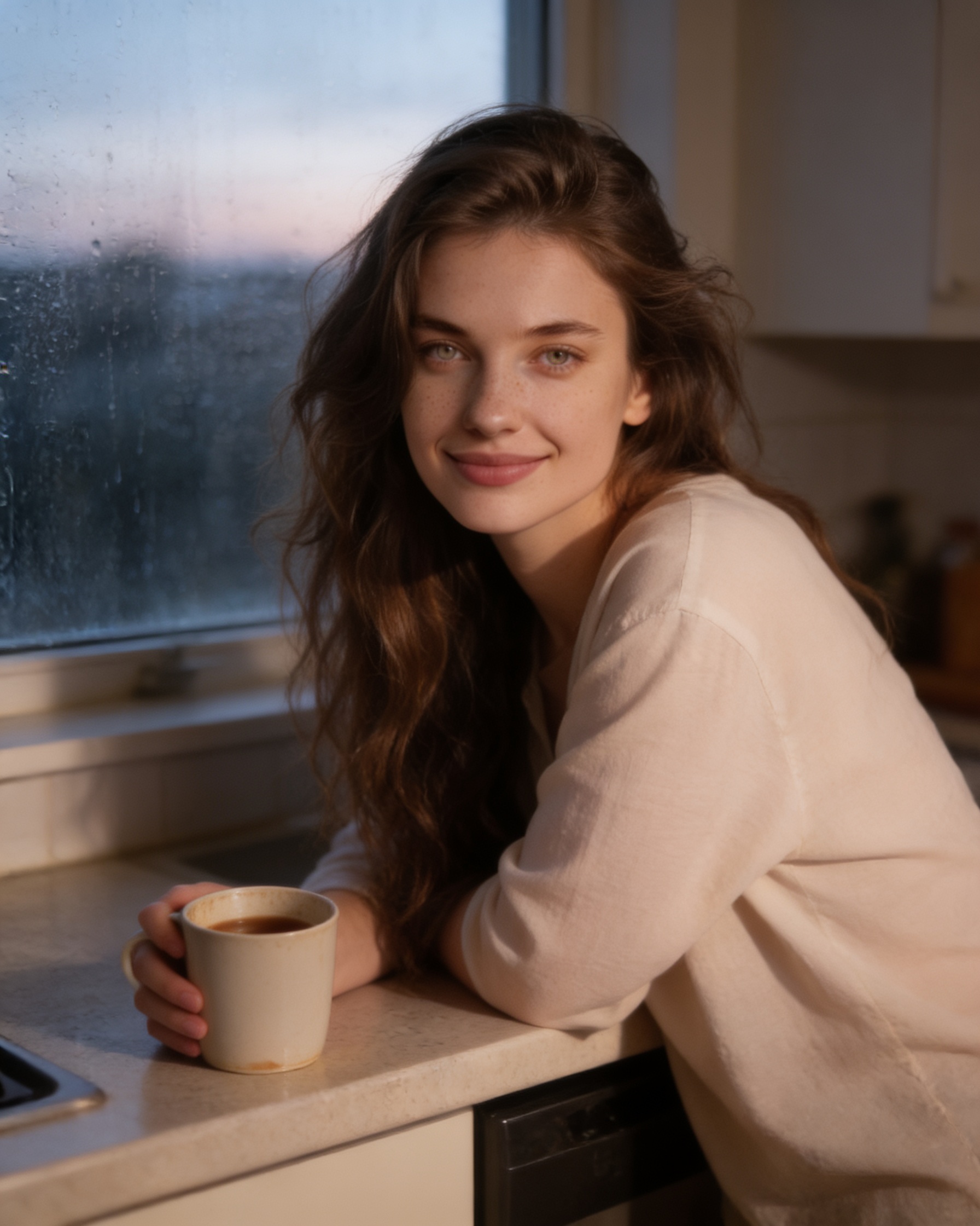 Young woman with long wavy hair holds a coffee mug leaning on a kitchen counter by a rainy dusk window