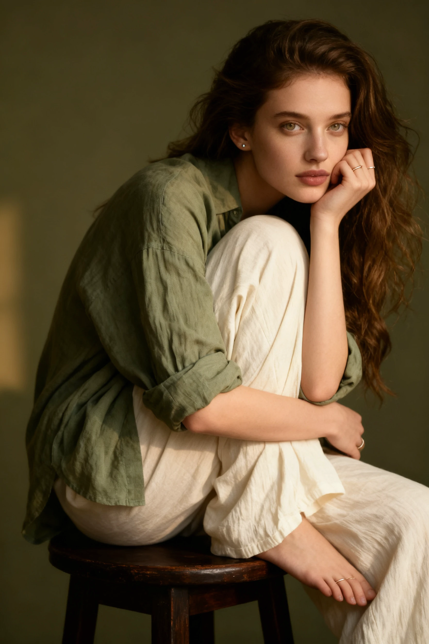 Pensive young woman with long wavy brown hair sits on a wooden stool for a soft studio portrait