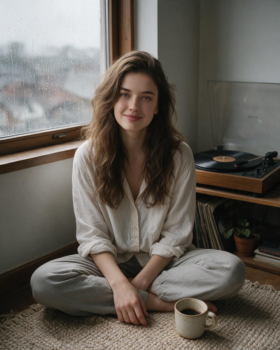 Young woman sits cross-legged on a floor mat beside a rainy window with coffee and a vintage turntable