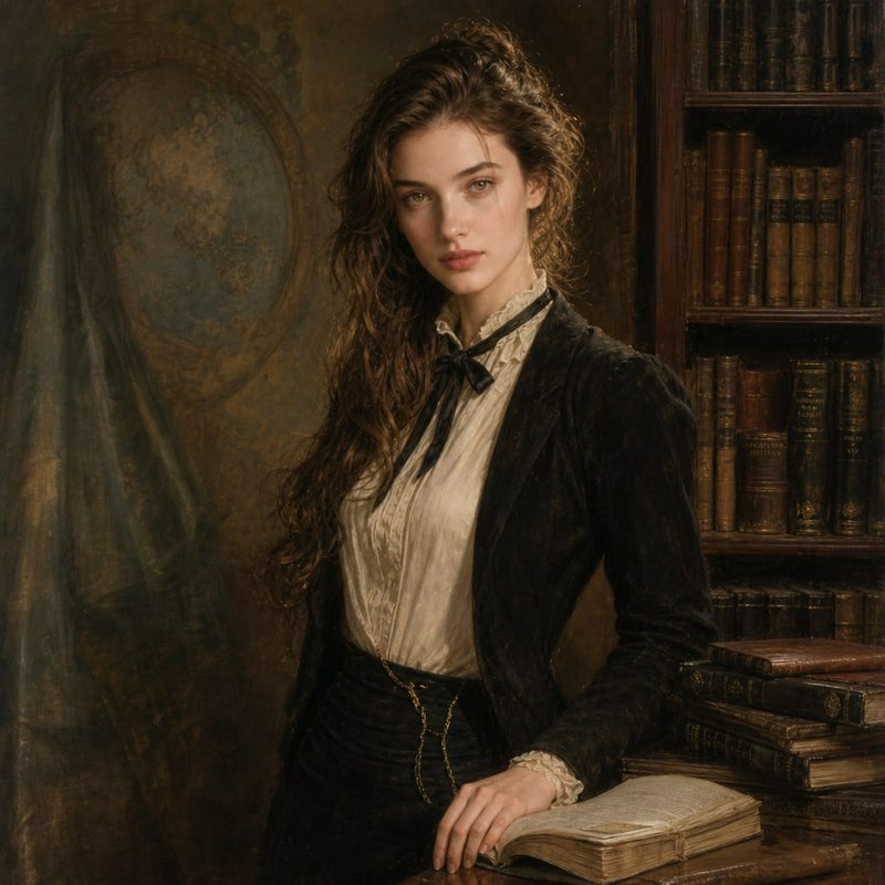 Young woman in Victorian-inspired attire beside an antique bookshelf with an open book.