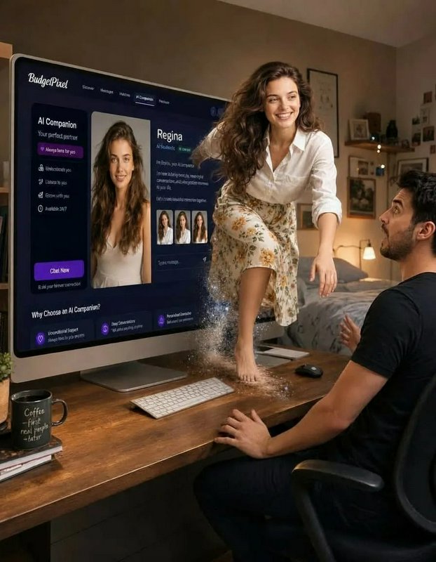 A shocked man watches his AI companion step out of his desktop computer screen onto his home offi...