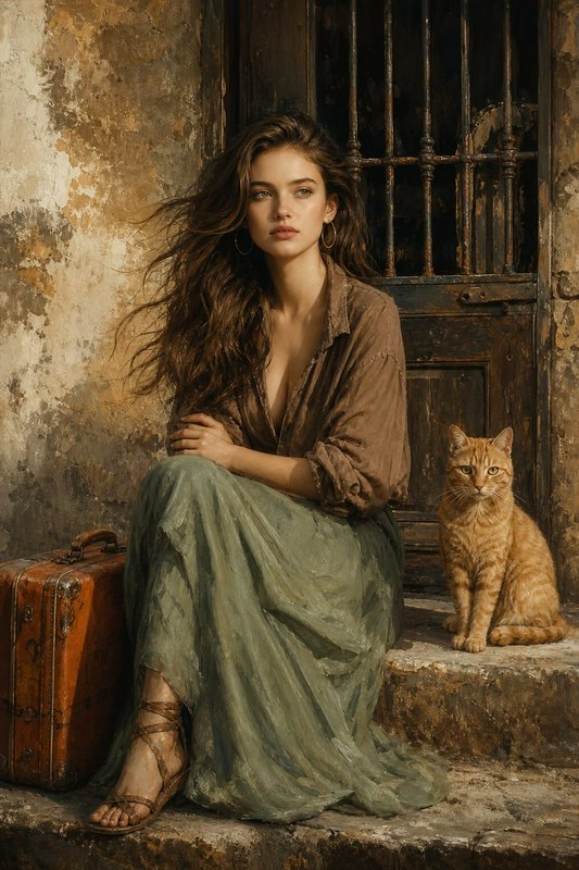 Realistic oil painting of a woman sitting on old stone steps with an orange tabby cat and vintage...