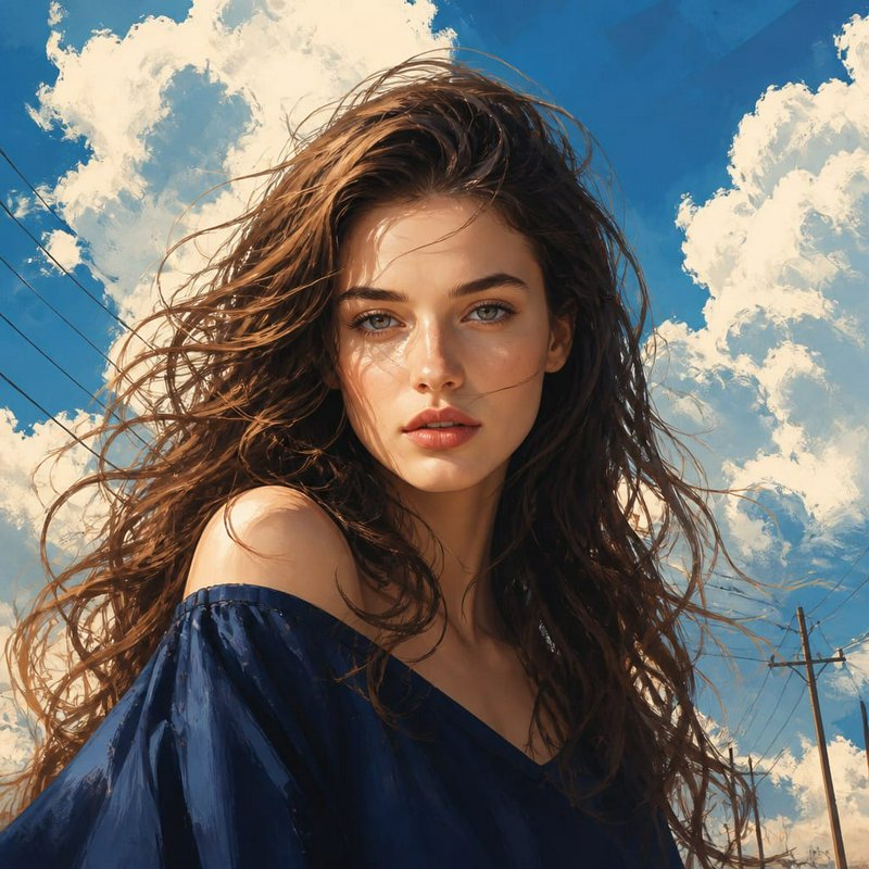 Close-up portrait of a young woman with wind-tousled wavy brown hair against a bright blue cloudy...