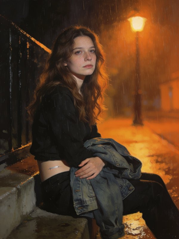 Tearful young woman sits on rain-wet city steps at night, lit by warm glowing streetlight, holdin...