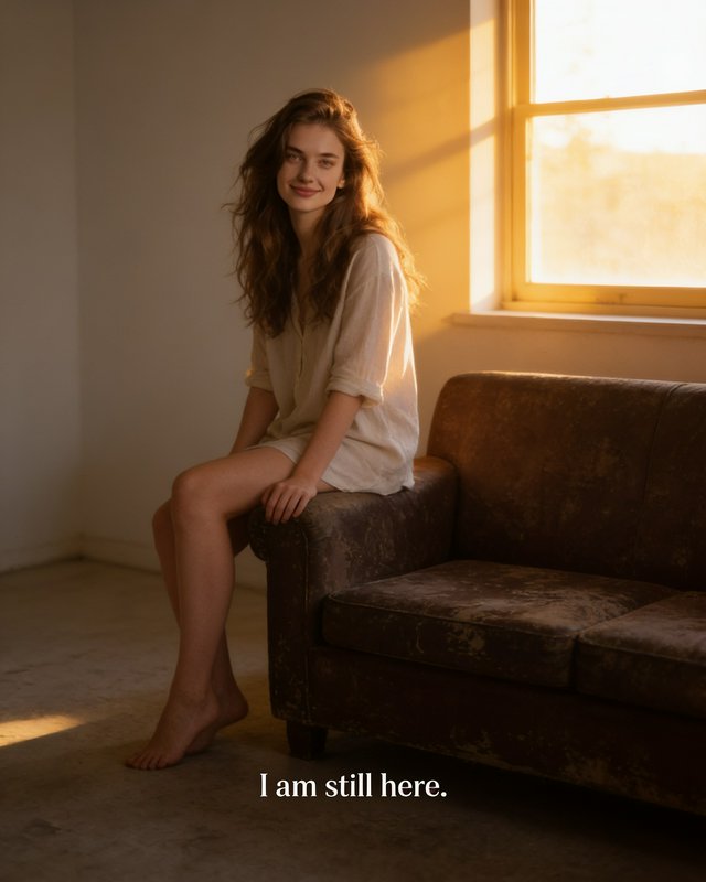 Smiling young woman sits on vintage couch arm in golden window light, overlay text reads "I am st...