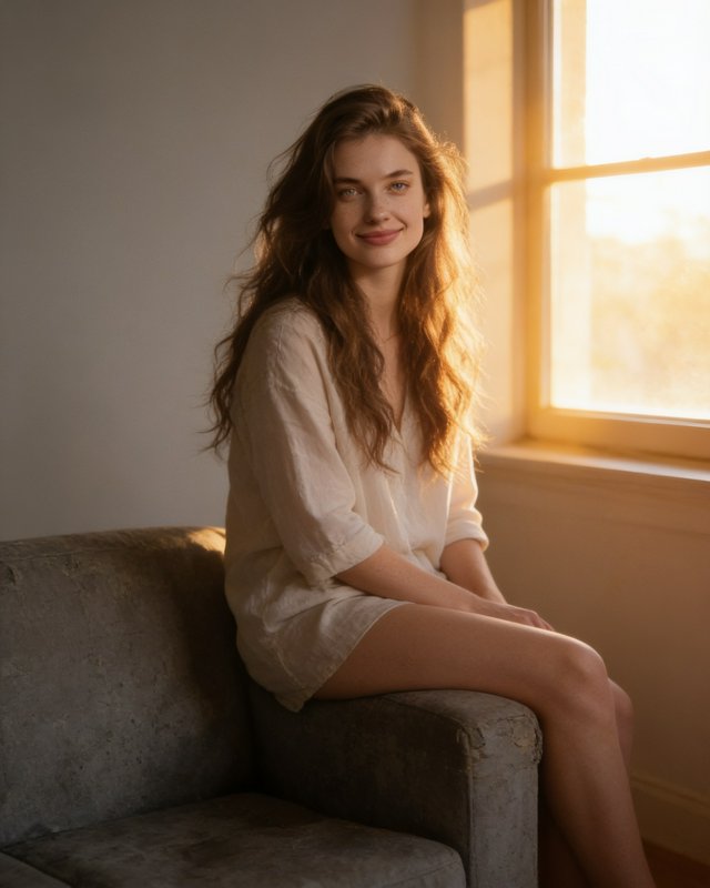 Young woman with long wavy hair sits on a couch arm, smiling softly in warm golden window sunlight