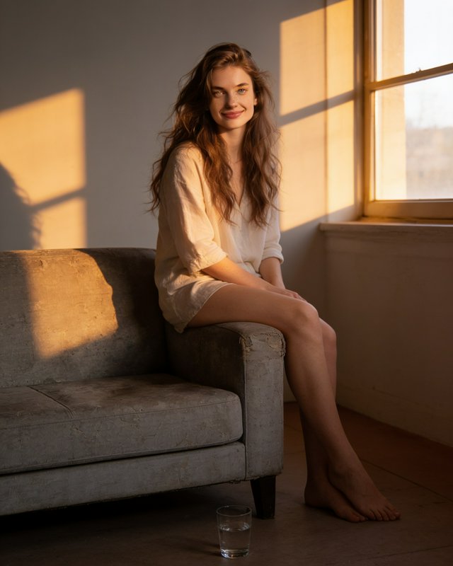 Smiling young barefoot woman sits on a vintage sofa arm, lit by warm golden sunset light from a n...