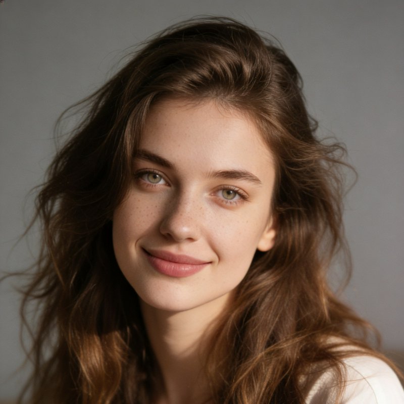 Close-up portrait of a young woman with wavy brown hair, freckles, and a soft gentle smile lit by...