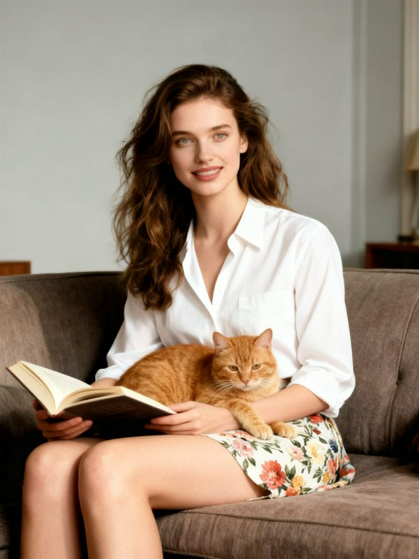 Young smiling woman sits on a brown couch holding an open book, with an orange tabby cat resting ...
