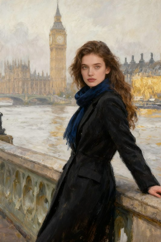 Impressionist oil portrait of a woman on London Thames embankment, Big Ben in misty background.