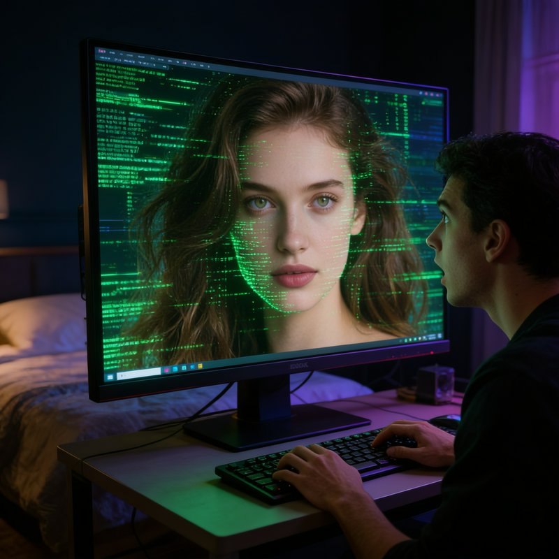 Surprised man at desk stares at a monitor displaying a female AI avatar over glowing green scroll...