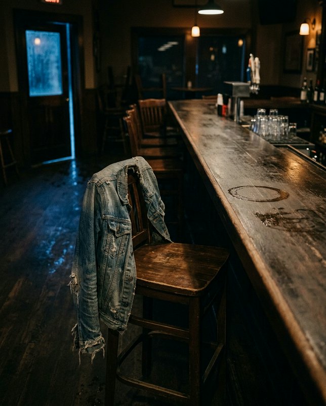 Distressed denim jacket draped over a wooden bar stool beside a worn dark wood bar in an empty di...