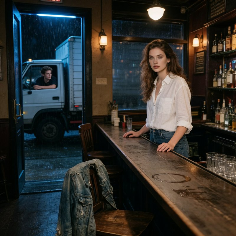 Young woman standing at worn wooden pub bar, delivery driver looking in from truck outside on rai...