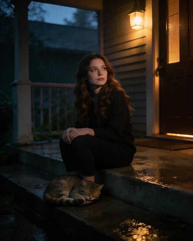 Pensive young woman sits on wet rainy dusk porch steps beside a sleeping tabby cat under warm glo...