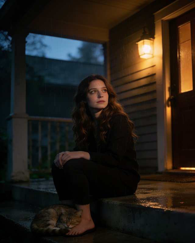 Young woman sits on wet rainy cottage porch steps at twilight, with a sleeping tabby cat at her f...
