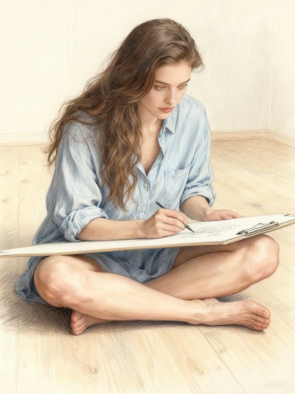 Young woman sitting cross-legged on a wooden floor sketching intently on a clipboard