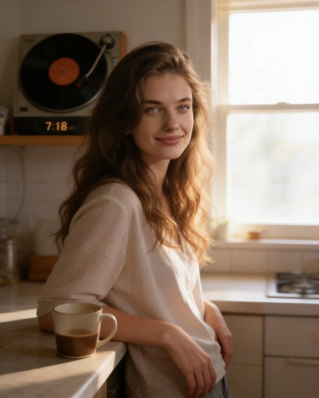Smiling young woman leans on a sunlit kitchen counter beside a mug of morning coffee