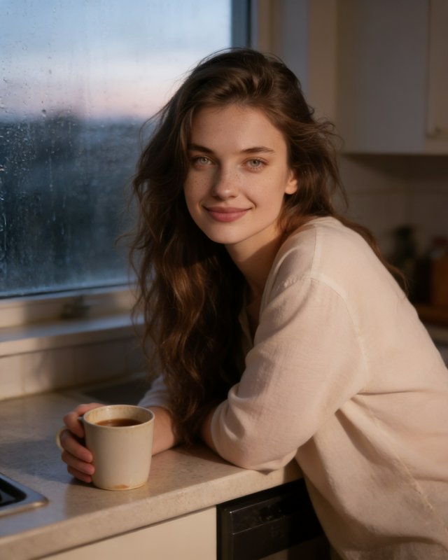 Young woman with long wavy hair holds a coffee mug leaning on a kitchen counter by a rainy dusk window