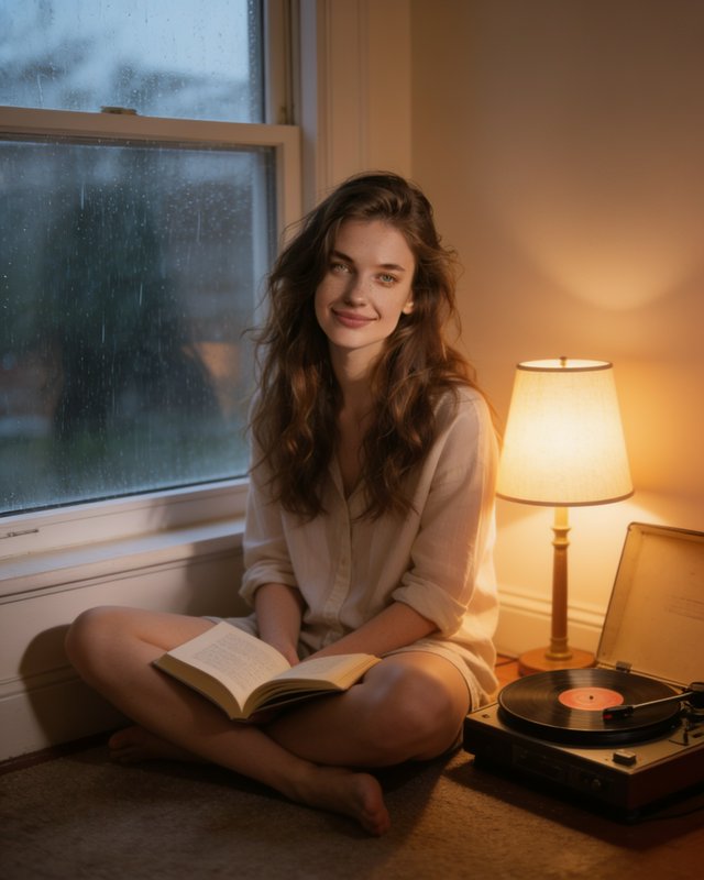 Young woman sits cross-legged by a rain-streaked window with an open book next to a vintage record player