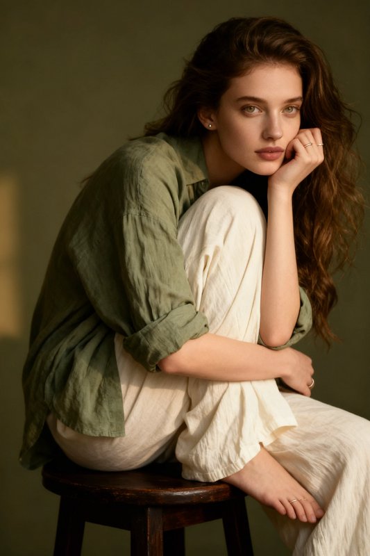 Pensive young woman with long wavy brown hair sits on a wooden stool for a soft studio portrait