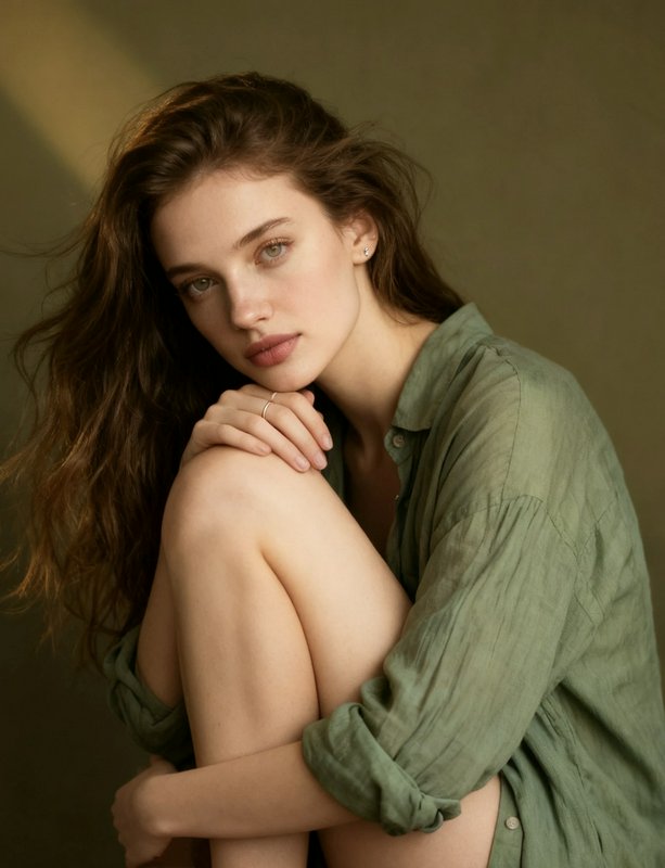 Young woman with wavy brown hair sits curled, wearing an oversized sage green shirt in soft studi...