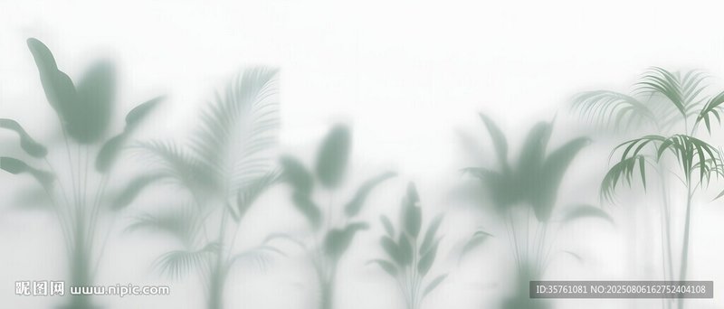 Soft, translucent silhouettes of tropical palm and banana plants against a pale white background.