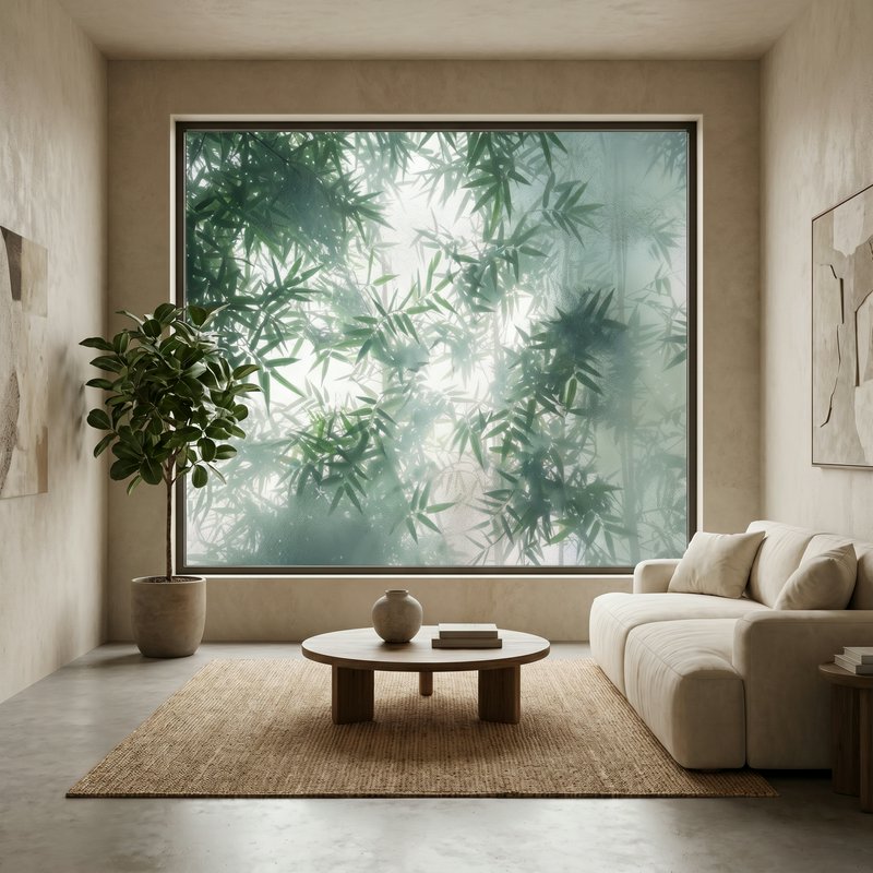 Minimalist living room with a large frosted window showing bamboo foliage, beige sofa, and round ...