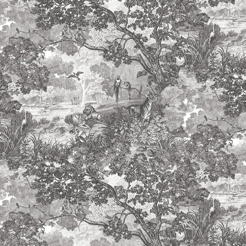 Vintage pastoral engraving of a lush garden with trees, birds, a deer, and figures by a stream.