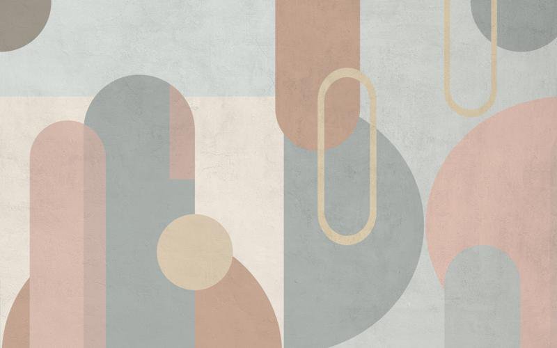 Abstract pastel geometric shapes pattern with arches, circles, and blocks.