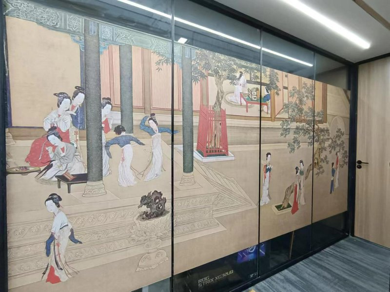 Large traditional Chinese mural on sliding doors depicting scholars and courtiers in a classical ...