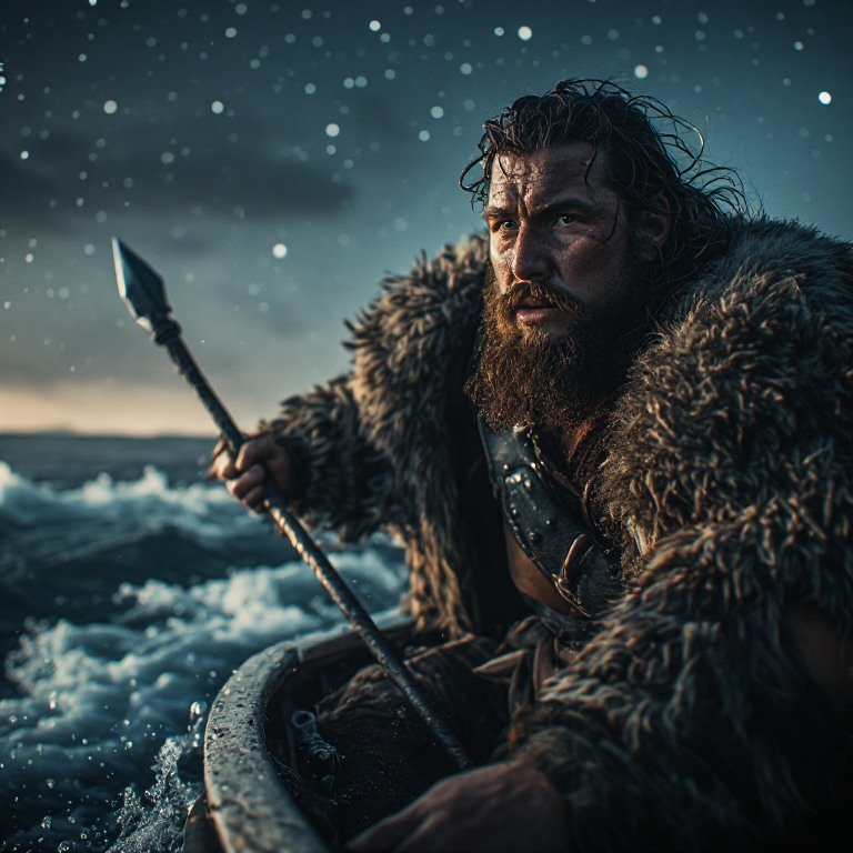 Bearded warrior in fur cloak with spear in a small boat on a rough sea at dusk.