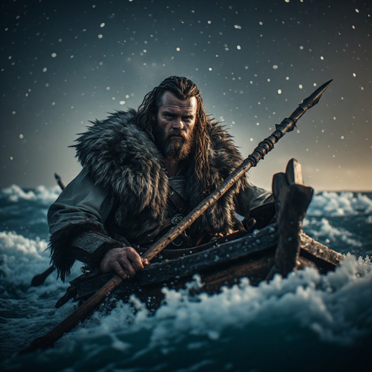 Rugged bearded man in a fur cloak paddles a wooden boat through icy, snowy waves.