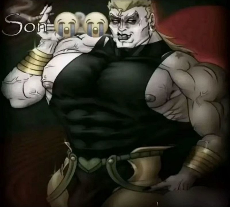 Muscular anime-inspired villain with long blond hair, black sleeveless top, and gold bracers in a...