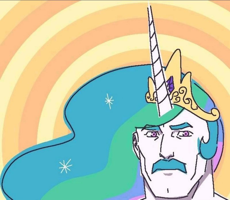 Colorful unicorn-headed man with a spiraled horn set against pastel, concentric-circle background.