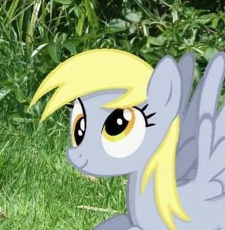Gray Pegasus pony cartoon with a blonde mane in a grassy outdoor setting
