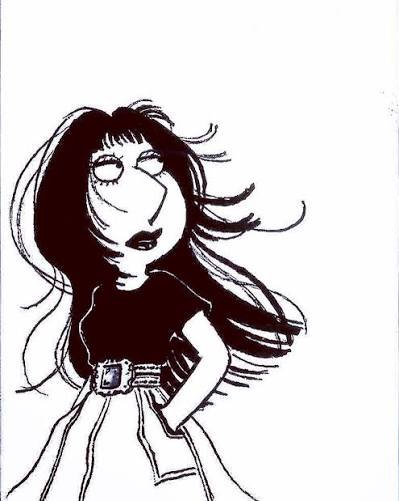 Line-drawn illustration of a woman with long windblown hair, wearing a black top and belt-equippe...